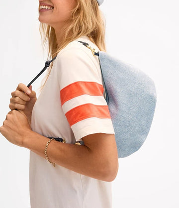 Light Wash Blue Textured Crescent Shoulder Bag with Knotted Dark Leather Adjustable Strap for Casual Denim Daily Matching