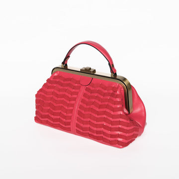 Bright Red Layered Chevron Textured Frame Bag with Single Leather Top Handle for Date & Evening Outfit Matching