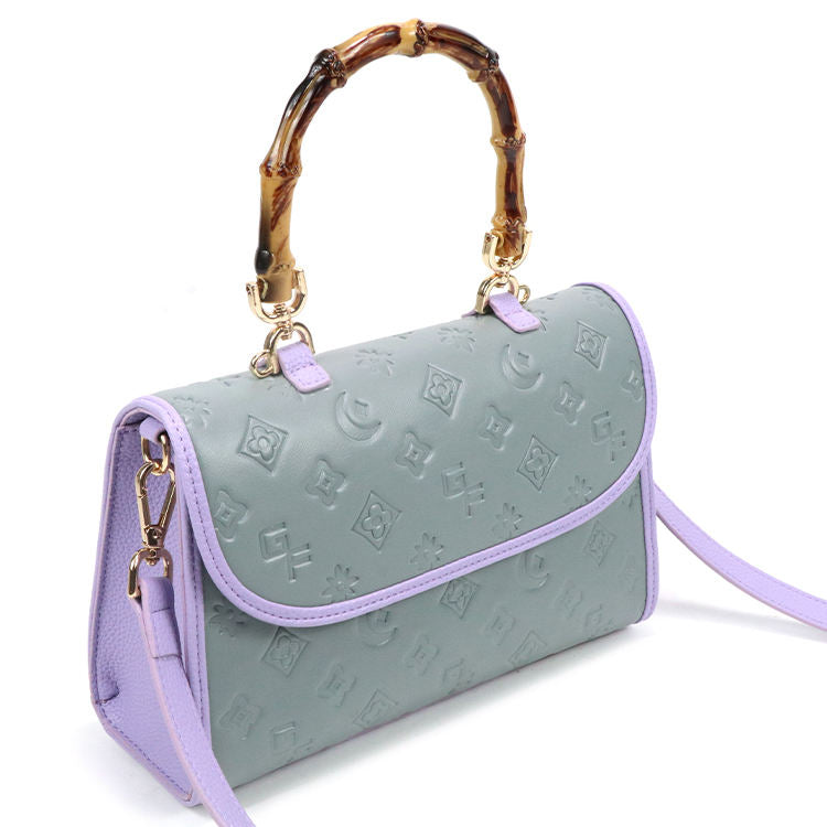 Pastel Sage Green Embossed Flap Bag with Bamboo Handle & Lilac Contrast Detachable Crossbody Strap