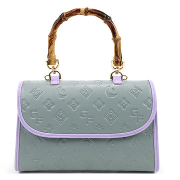 Pastel Sage Green Embossed Flap Bag with Bamboo Handle & Lilac Contrast Detachable Crossbody Strap