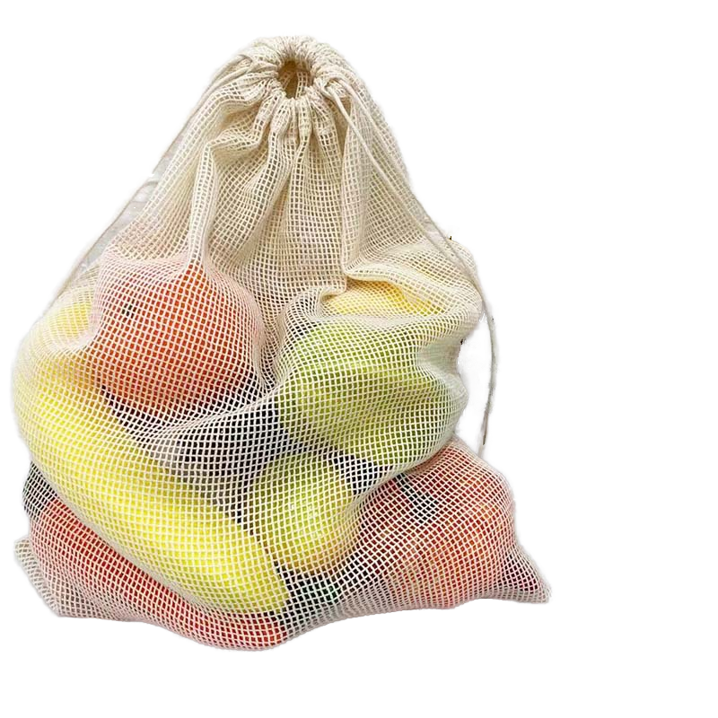 Natural Beige Mesh Drawstring Produce Bag with Matching Fabric Cords for Grocery & Daily Shopping Matching