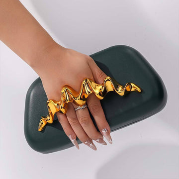 Multi Neutral Tone Smooth Clutch Bag with Abstract Wavy Gold Palm Handle for Cocktail Party & Luxe Evening Outfits