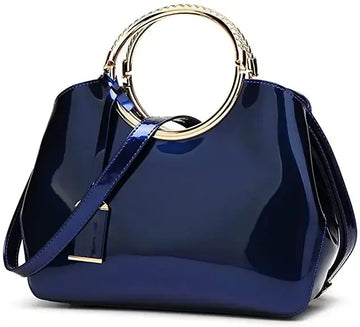 Royal Blue Gloss Curved Handbag with Woven Metal Ring Handle & Removable Crossbody Strap