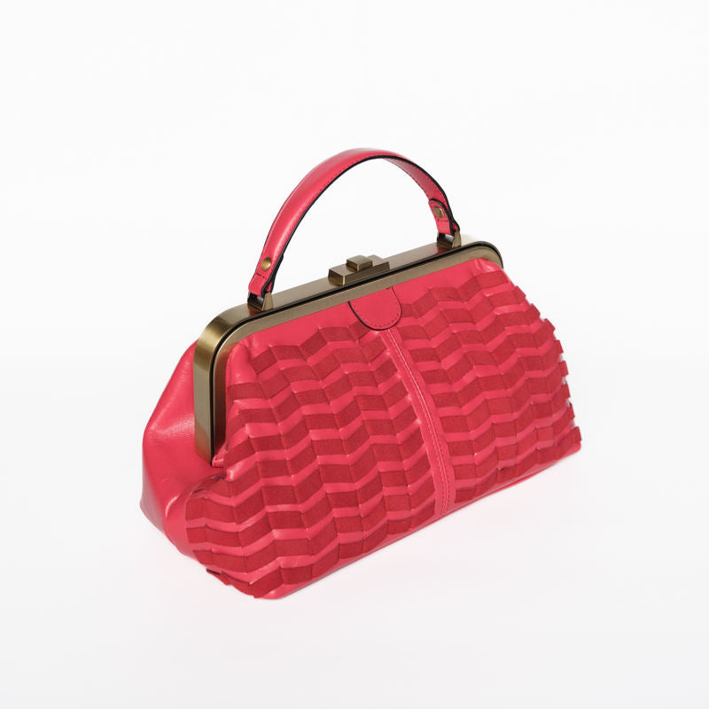 Bright Red Layered Chevron Textured Frame Bag with Single Leather Top Handle for Date & Evening Outfit Matching