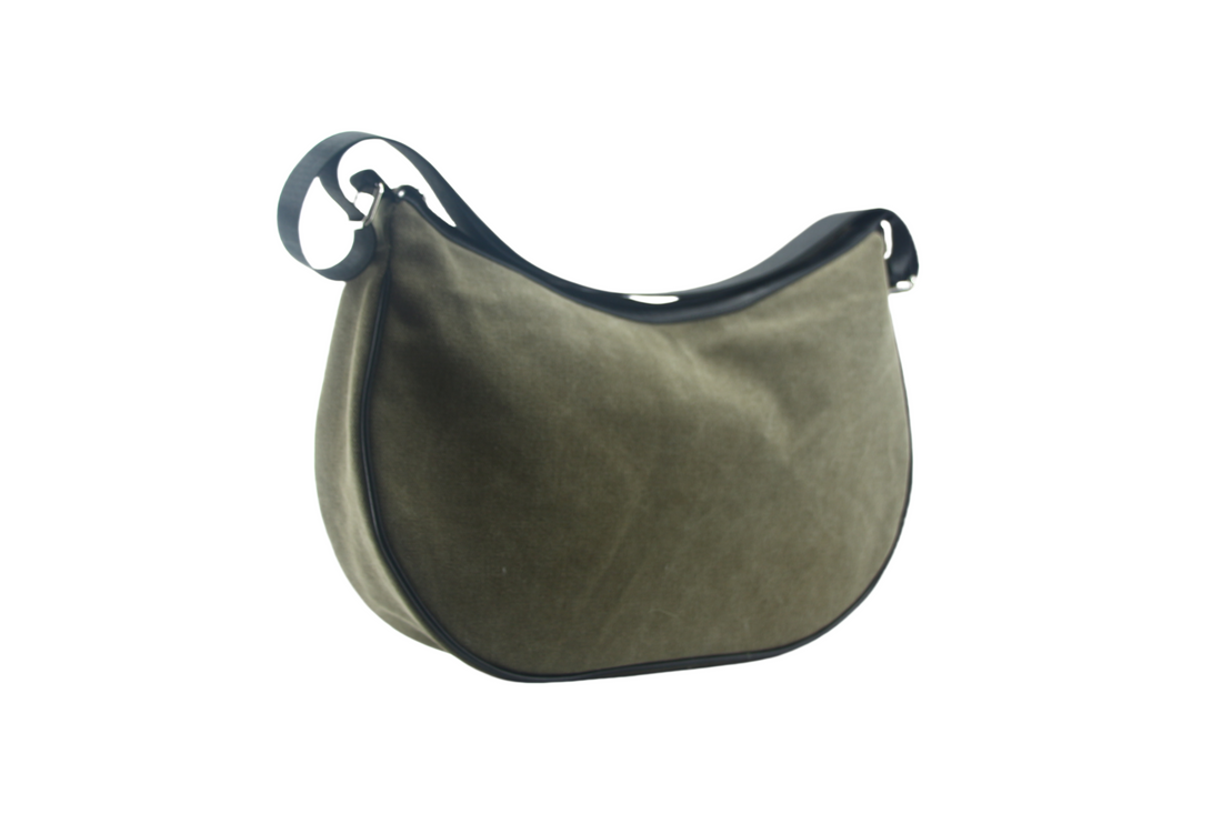 Army Green Canvas Crescent Hobo Bag with Black Contrast Trim & Adjustable Crossbody Strap for Unisex Vintage Daily Outfits