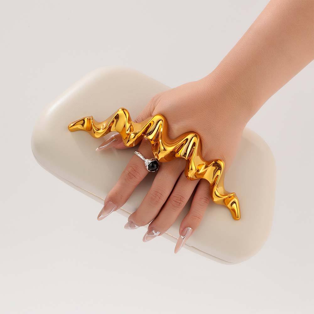 Multi Neutral Tone Smooth Clutch Bag with Abstract Wavy Gold Palm Handle for Cocktail Party & Luxe Evening Outfits