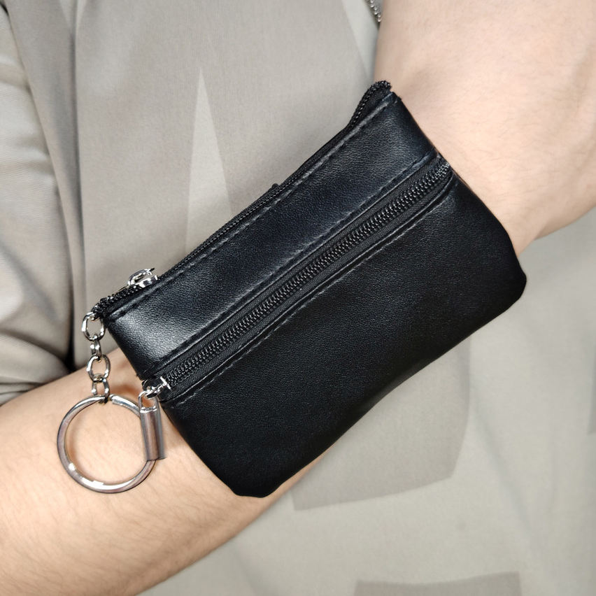 Solid Black Mini Zipper Coin Bag with Detachable Metal Key Ring & Wrist Strap for Sports & Casual Daily Carry